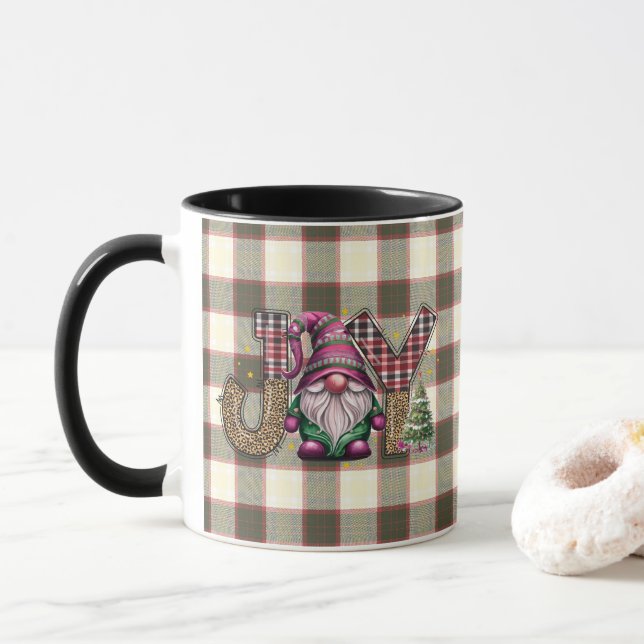 Christmas Joy Nordic Gnome Plaid Girly  Mug (With Donut)