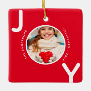 Christmas joy photo red white minimalist modern ceramic ornament