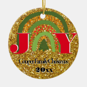 Christmas Joy red gold green rainbow personalize Ceramic Ornament