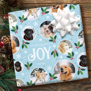 Christmas Joy Snowflake Cute Photo Collage Blue Wrapping Paper