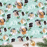 Christmas Joy Snowflake Photo Collage Mint Wrapping Paper<br><div class="desc">'Wishing you joy' fun and stylish gift wrap! An editable template, personalized with six photos of your family, friends or pets. You can also include the recipient's name, your family name or the holiday year. A seamless pattern with snowball framed photographs, festive leaves, berries, snow, snowflakes and stars. Custom gift...</div>