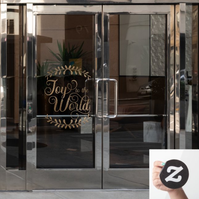 Christmas Joy To The World Faux Gold Leaf Business Window Cling (Office Door)