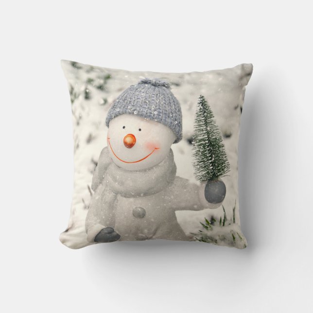 Christmas Joy with Smiling Snowman Throw Pillow (Front)