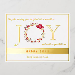 Christmas JOY Wreath Business  Foil Holiday Postcard