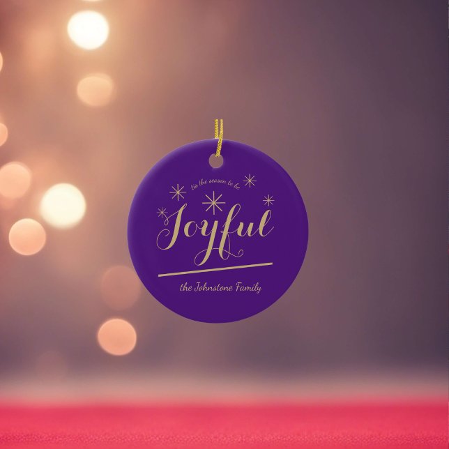 Christmas Joyful Script Family Name Modern Chic  Ceramic Ornament (Mark this holiday season with this Beautiful and Joyful purple & gold  ceramic ornament.)