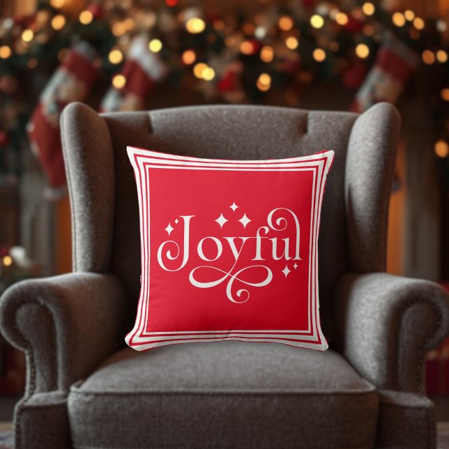Christmas Joyful Script Red  Throw Pillow (Christmas Joyful Script Red Throw Pillow)