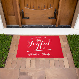 Christmas Joyful Simple Script Name Red Outdoor  Doormat