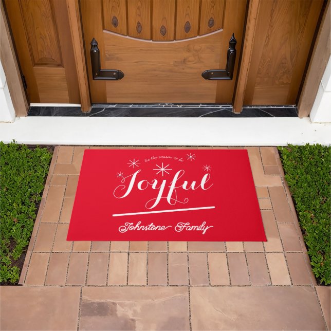 Christmas Joyful Simple Script Name Red Outdoor  Doormat (Outdoor)