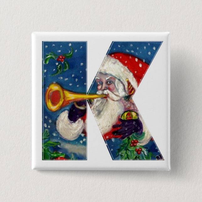 CHRISTMAS K LETTER / SANTA BUGLER MONOGRAM 2 INCH SQUARE BUTTON (Front)