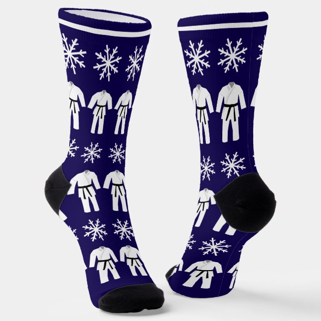 Christmas Karate Suits and Snowflakes Fun Festive Socks (Angled)