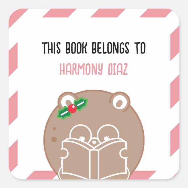 Christmas Kawaii Cute Hamster Booklover Bookplate Square Sticker (Front)