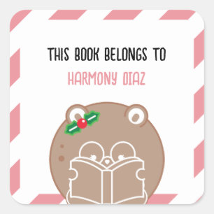 Christmas Kawaii Cute Hamster Booklover Bookplate Square Sticker
