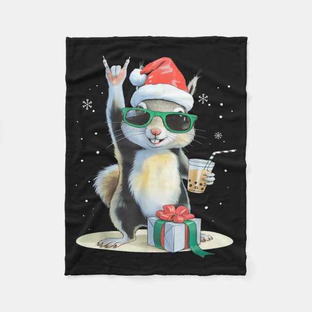 Christmas Kawaii Squirrel Bubble Tea Boba Squirrel Fleece Blanket (Front)