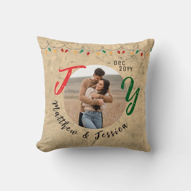 Christmas Keepsake Couples Rustic Joy Festive Throw Pillow (Front)