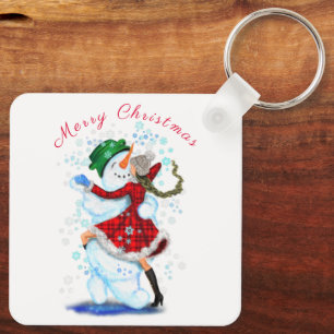 Christmas Keychain Gift Snowman and Girl Dance