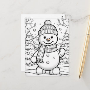 Christmas kids colouring snowman postcard