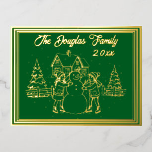 Christmas Kids Skating Scene in Gold with Green Foil Holiday Postcard