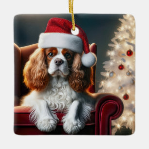 Christmas King Charles On a Red Velvet Chair Ceramic Ornament
