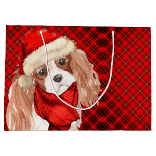 Christmas King Charles Terrier Dog and Red Plaid Large Gift Bag