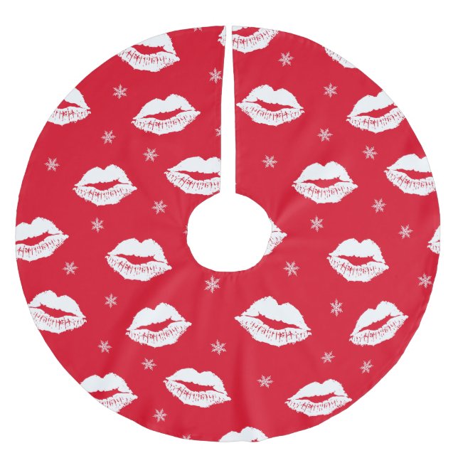 Christmas Kiss Red White Patterned Brushed Polyester Tree Skirt (Front)