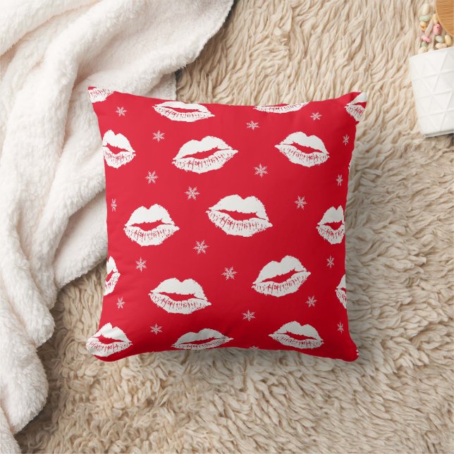 Christmas Kiss Red White Patterned Throw Pillow (Blanket)