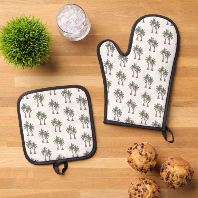 Christmas Kitchen Decor Tropical Palm Trees   Oven Mitt & Pot Holder Set (Top Down)