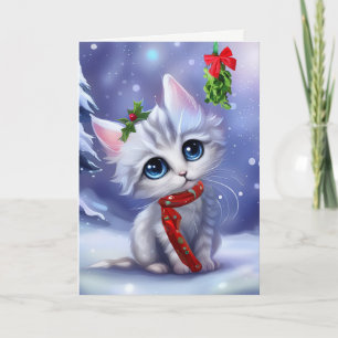 Christmas Kitten Cat Holiday Cute with Mistletoe  Card