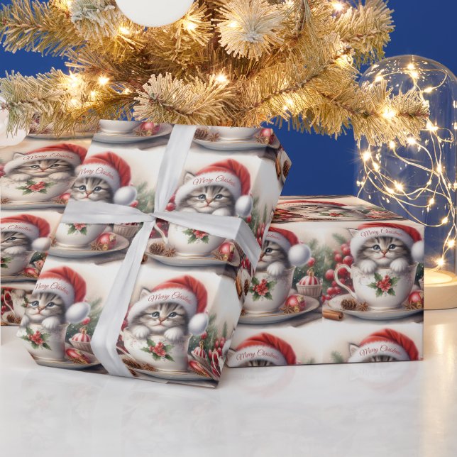 Christmas Kitten in a Teacup  Wrapping Paper (Holidays)