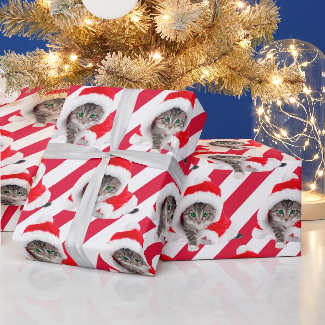 Christmas Kitten In Hat On Stripes Wrapping Paper (Holidays)