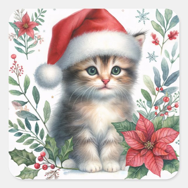 Christmas Kitten In Santa Hat Square Sticker (Front)
