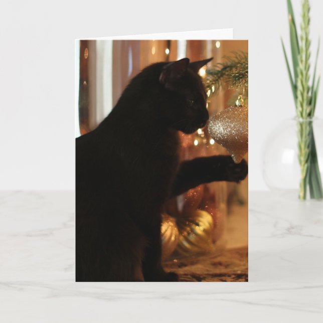 Christmas Kitten Notes, Black Cat/Gold Ornament Holiday Card (Front)