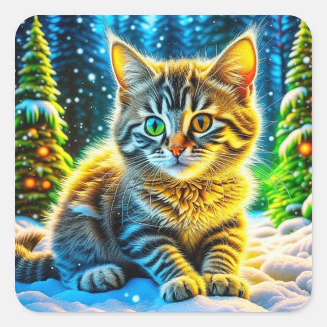 Christmas Kitten Playing in the Snow  Square Sticker (Front)