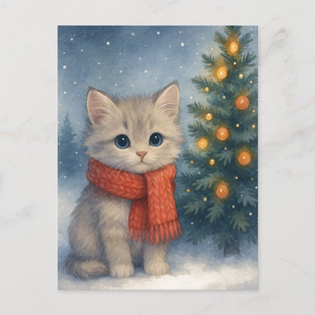 Christmas Kitten Postcard Cute Cat in Red Scarf  (Front)