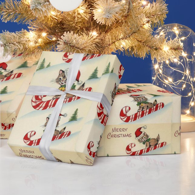 Christmas Kitten Riding A Candy Cane Wrapping Paper (Holidays)