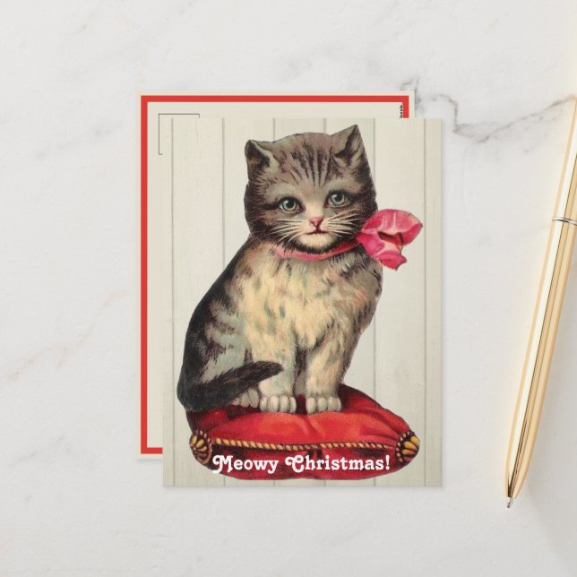 Christmas Kitten Sitting Wearing a Red Bow Holiday Postcard (Front/Back In Situ)