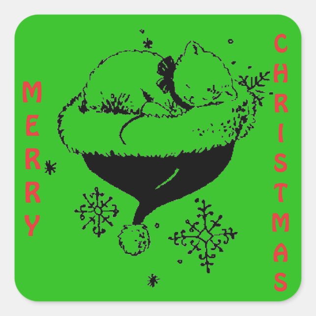 Christmas Kitten Sleeping in Santa's Hat BW Design Square Sticker (Front)