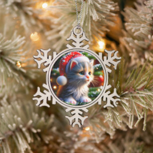 Christmas Kitten Snowflake Pewter Christmas Ornament