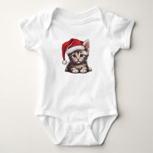 Christmas Kitten w Santa Hat, Holiday Kitty Cat  Baby Bodysuit