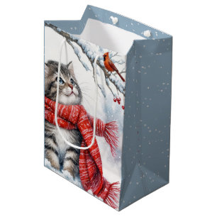 Christmas Kitten With Red Cardinal Medium Gift Bag