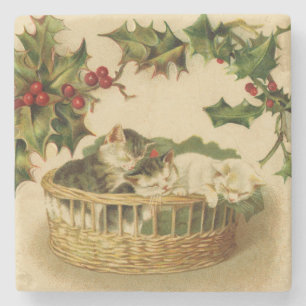 Christmas Kittens and Holly Stone Coaster