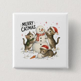 Christmas Kittens Building Snowman 2 Inch Square Button