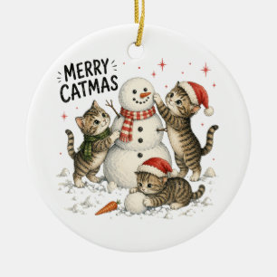 Christmas Kittens Building Snowman Ceramic Ornament