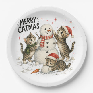 Christmas Kittens Building Snowman Paper Plate
