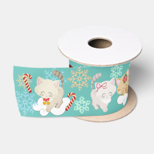 Christmas Kittens in Clouds and Snowflakes Satin Ribbon