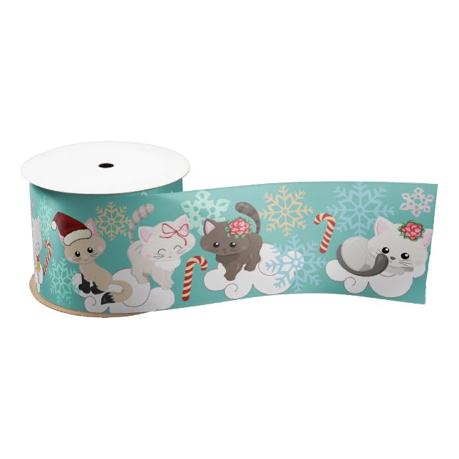Christmas Kittens in Clouds and Snowflakes Satin Ribbon (Spool)