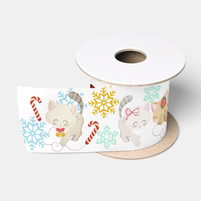 Christmas Kittens in Clouds and Snowflakes Satin Ribbon (Spool)