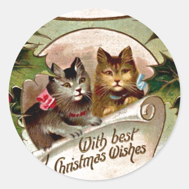 Christmas Kittens - Vintage Christmas Design Classic Round Sticker (Front)