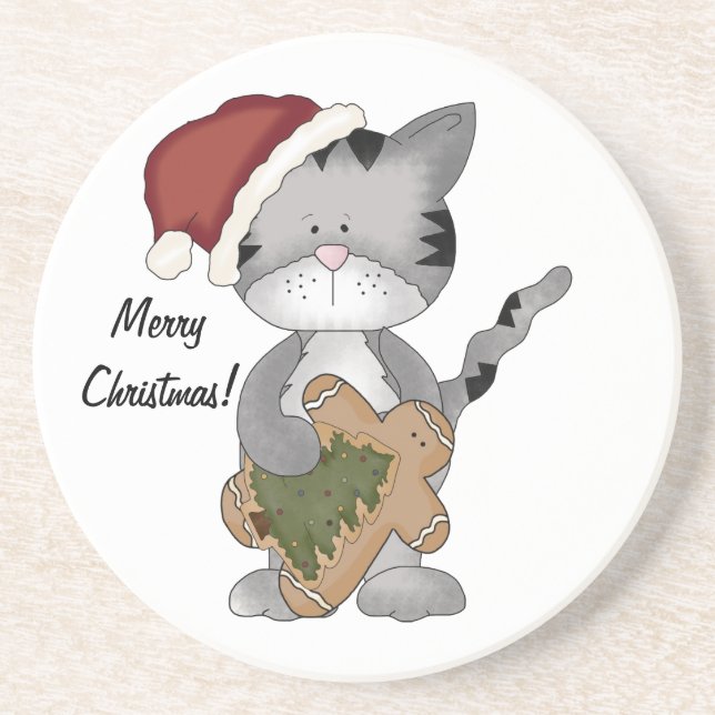 Christmas Kittie Kat-with gingerbread man. Coaster (Front)