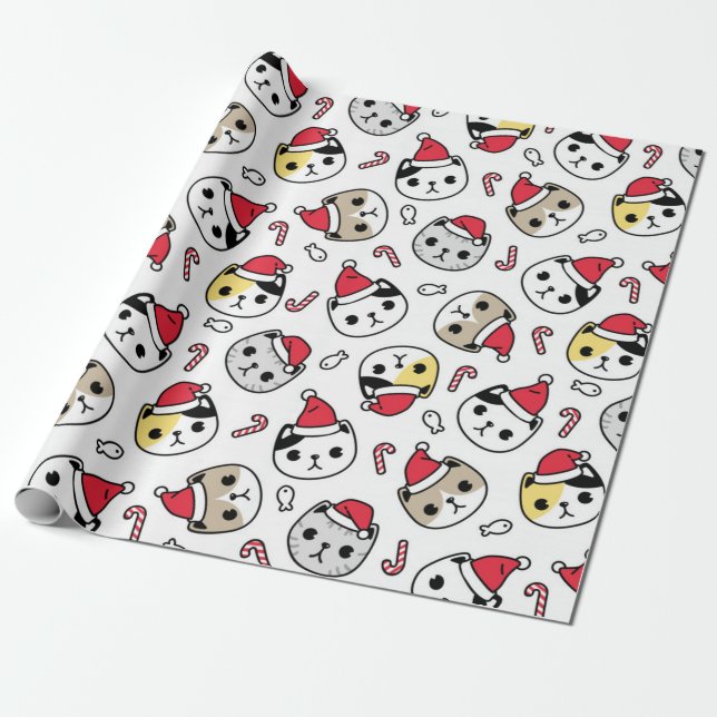 Christmas Kitty And Candy Canes Pattern Wrapping Paper (Unrolled)