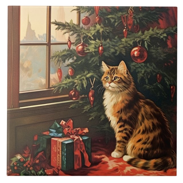 Christmas Kitty at the Window Tile (Front)